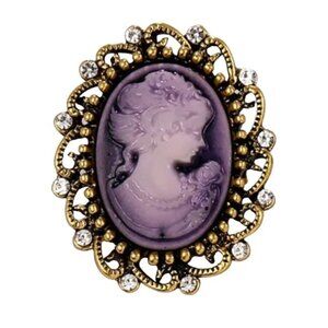 Purple Cameo Brooch Gold Tone with Clear Stones